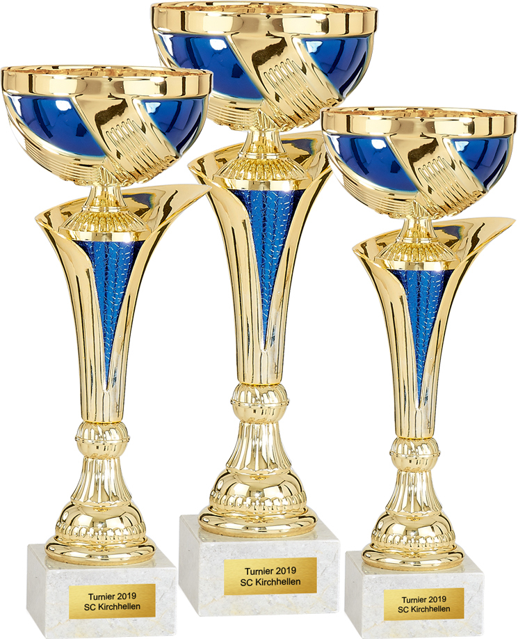 silber/blau Pokal gold/blau inkl Gravur 1 x Fußball 3er Serie Pokale 