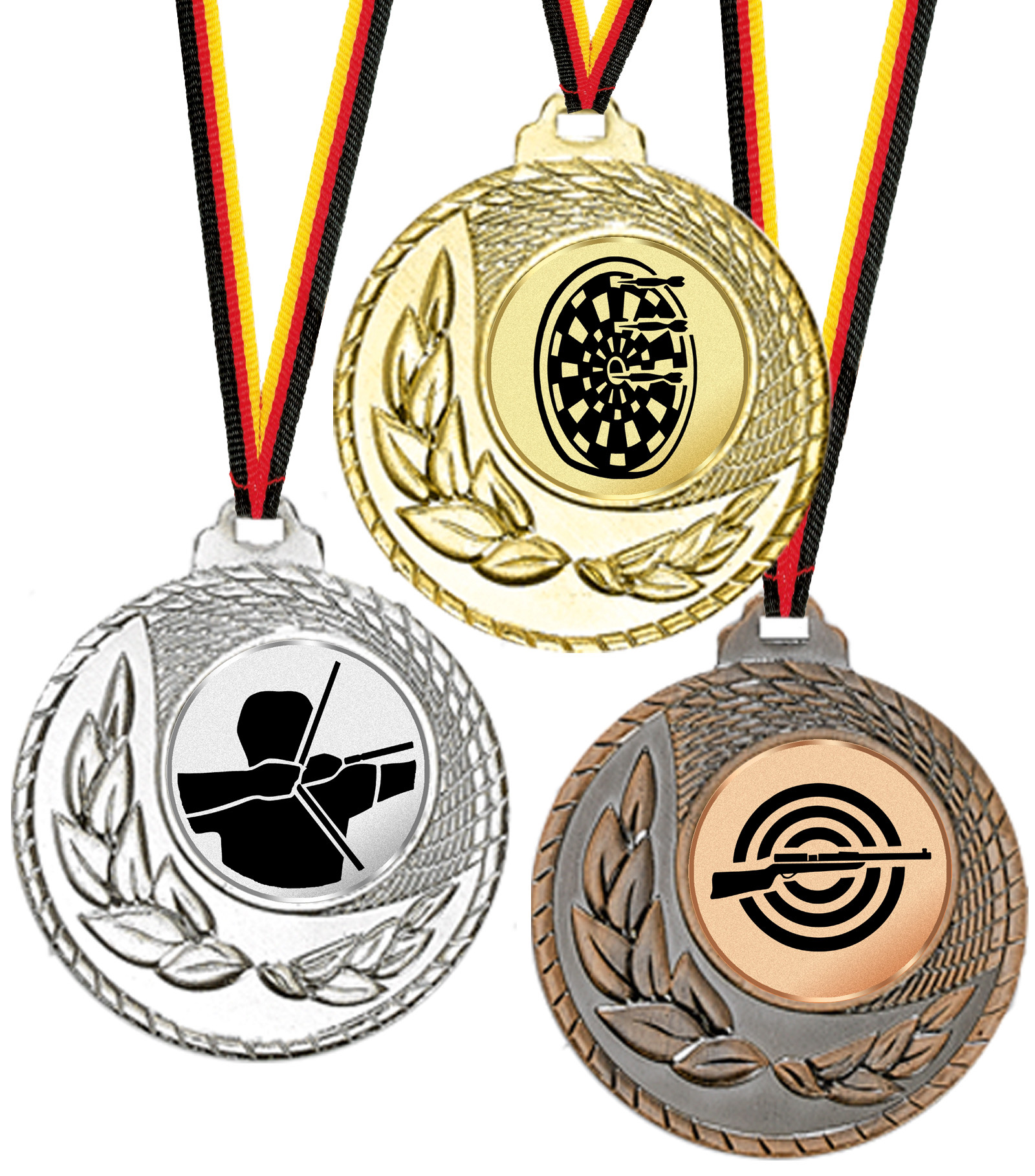 10 Angler-Medaillen mit farbigen Emblemen und Deutschland-Bändern 