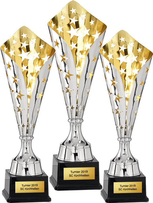 Moderne 3er-Serie Pokale mit Jaheszahl 2018 oder 2019 inkl Gravuren und Embeme 