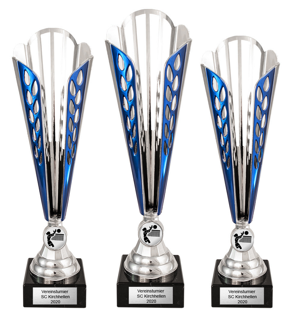 3er-Serie Sport-Pokale mit Wunschgravur/Emblem 54680 blau/silber 